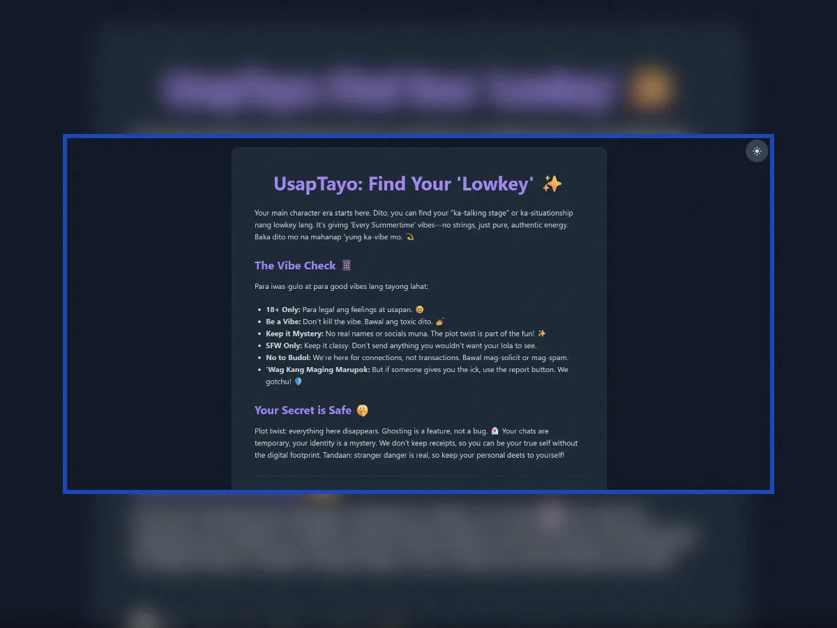 Screenshot of the UsapTayo anonymous chat platform